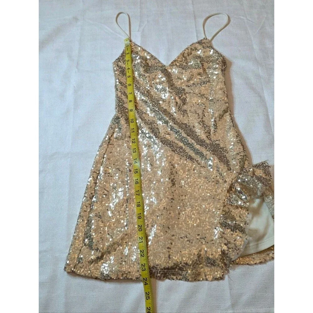 Lucy In The Sky Gold Sequin V-Neck Mini Dress Homecoming Party Coquette Size XS